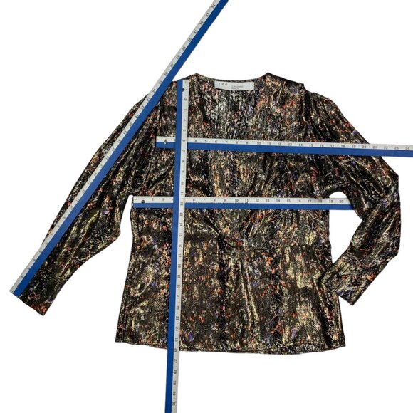 IRO Milana Metallic Printed Top Blouse 40 US 8 Black Silk Long Sleeve V-Neck - Picture 4 of 12